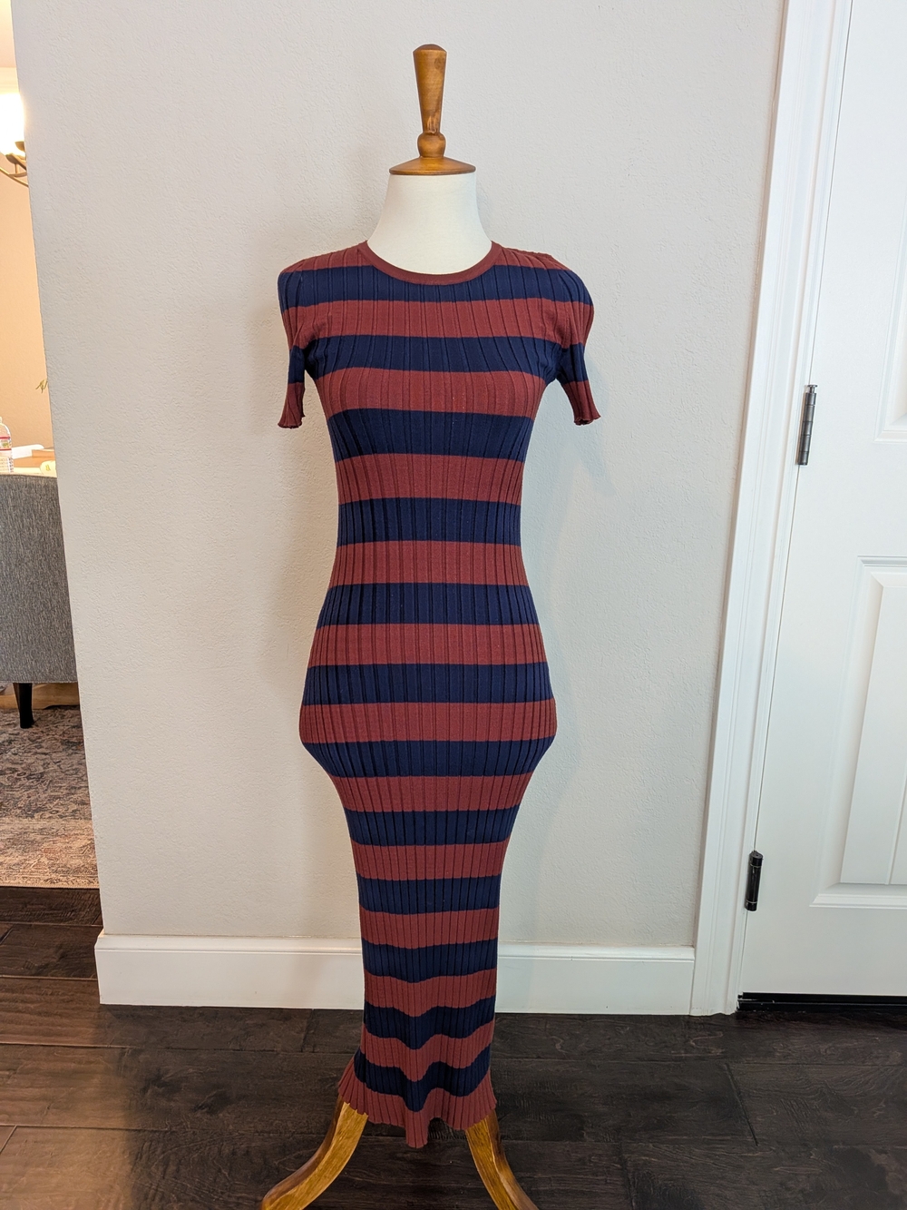Madewell Navy and Rust Striped Rib-Knit Maxi Dress